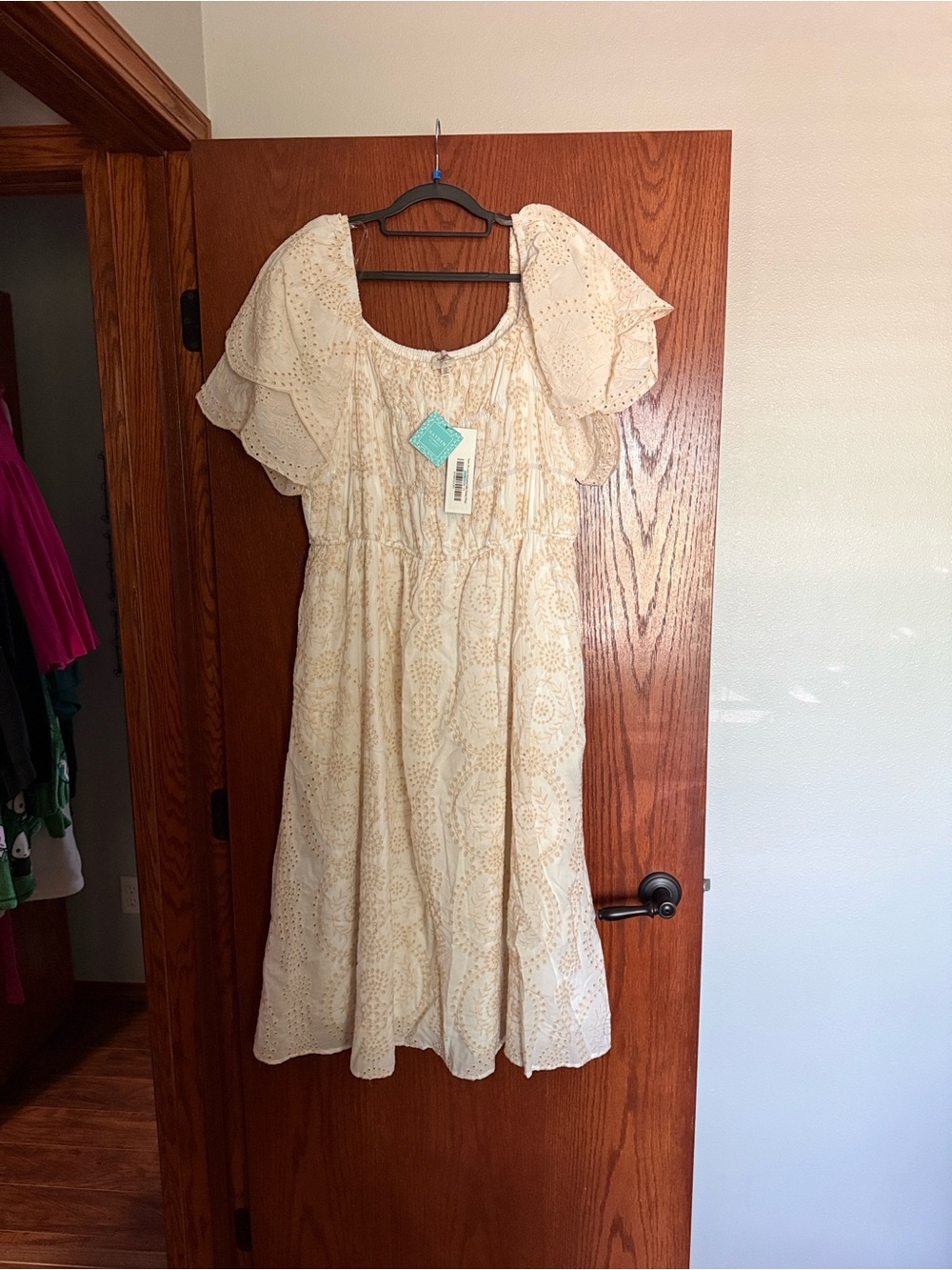 Cream Eyelet Midi Dress with Flutter Sleeves